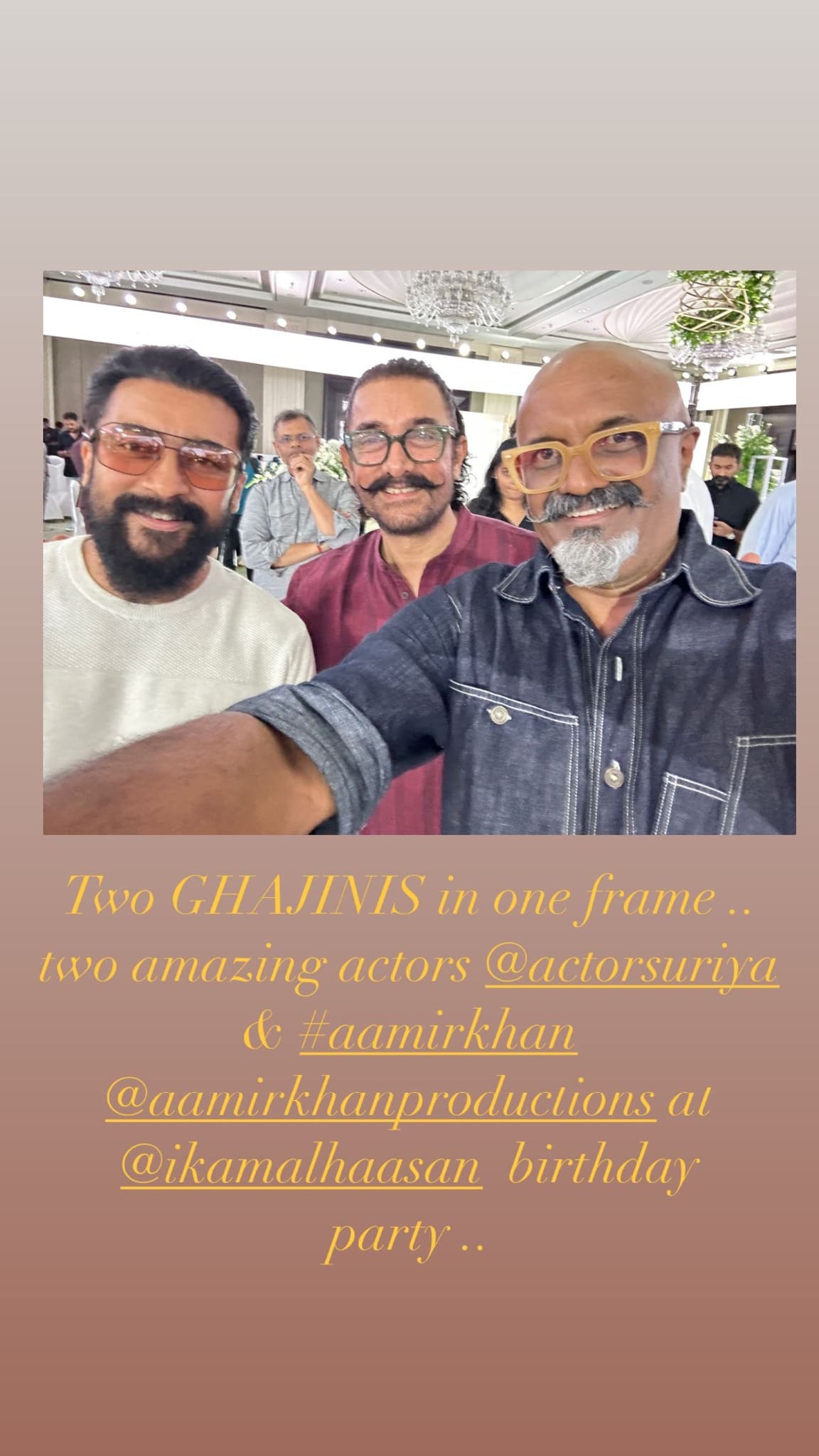 Ghajini twins: Suriya and Aamir Khan take a selfie at Kamal Haasan’s birthday bash