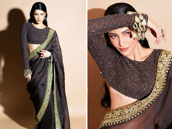 Shruti Haasan dazzles in a brown shimmery saree. Pics: