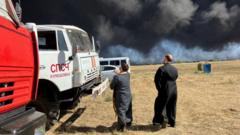 Russian priests bless fire engines at oil depot blaze after Ukraine attack