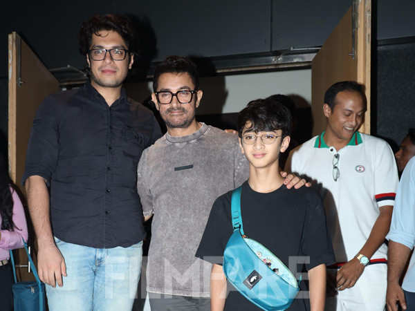 Aamir Khan poses with his sons Junaid Khan and Azad Rao Khan