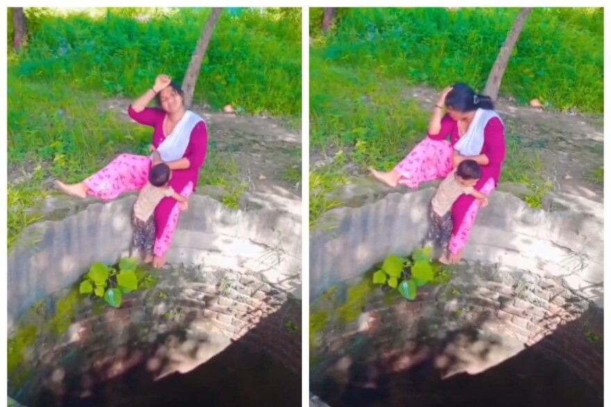 Woman Sits Near Open Well Filming Reel While Child Clings To Her Leg, Sparks Outrage Online | Video