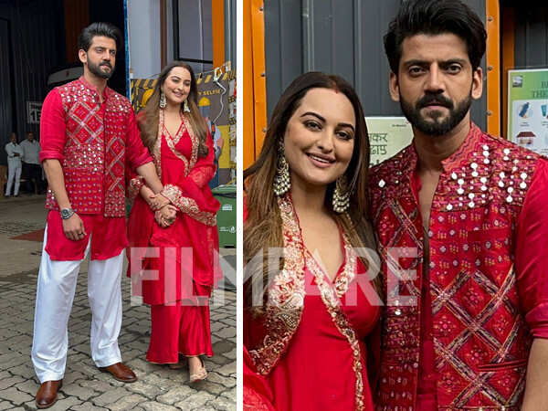 Photos: Sonakshi Sinha and Zaheer Iqbal twin in red ethnic looks