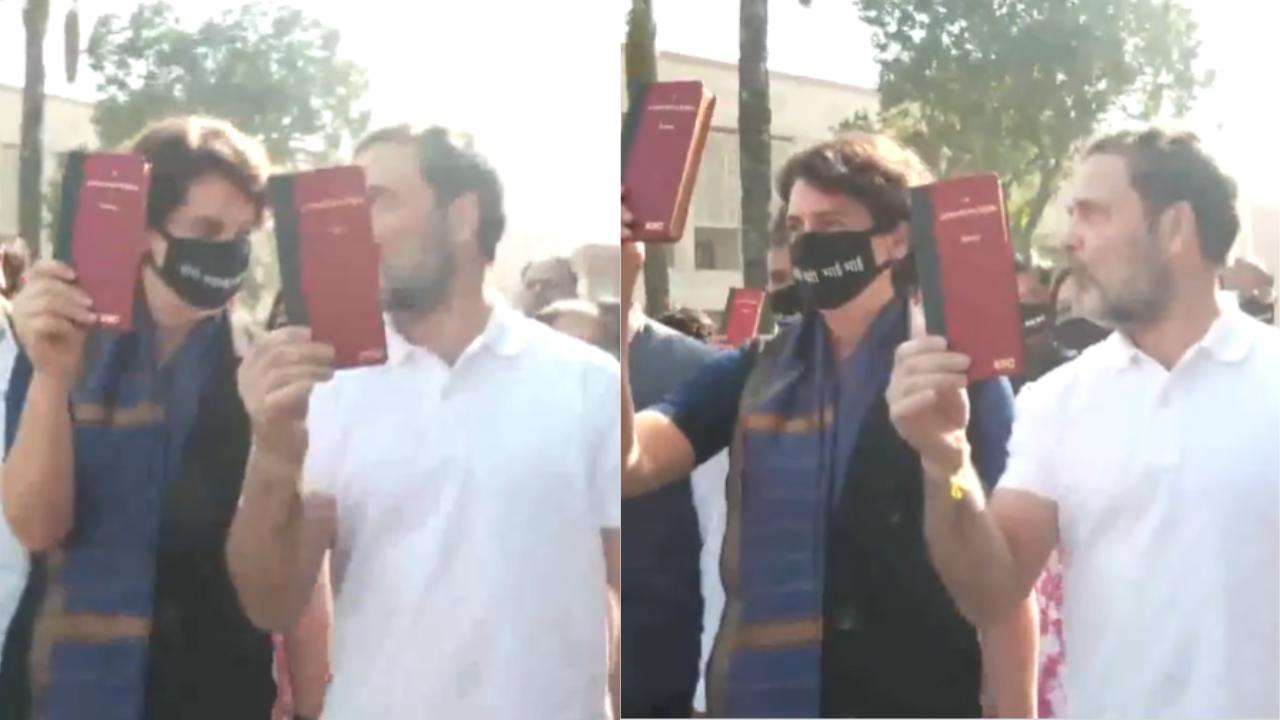 Watch: Constitution in hand, Rahul, Priyanka protest over Adani issue