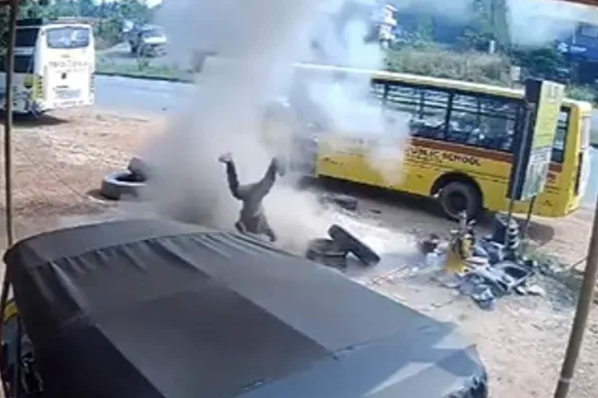On Cam: Mechanic Tossed Into Air After Tyre Under Repair Bursts In Karnataka’s Udupi