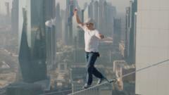 Moment slackliner conquers highline walk between Dubai towers