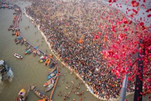 Flower Petals Showered On Pilgrims During ‘Amrit Snan’ At Maha Kumbh Mela | Watch