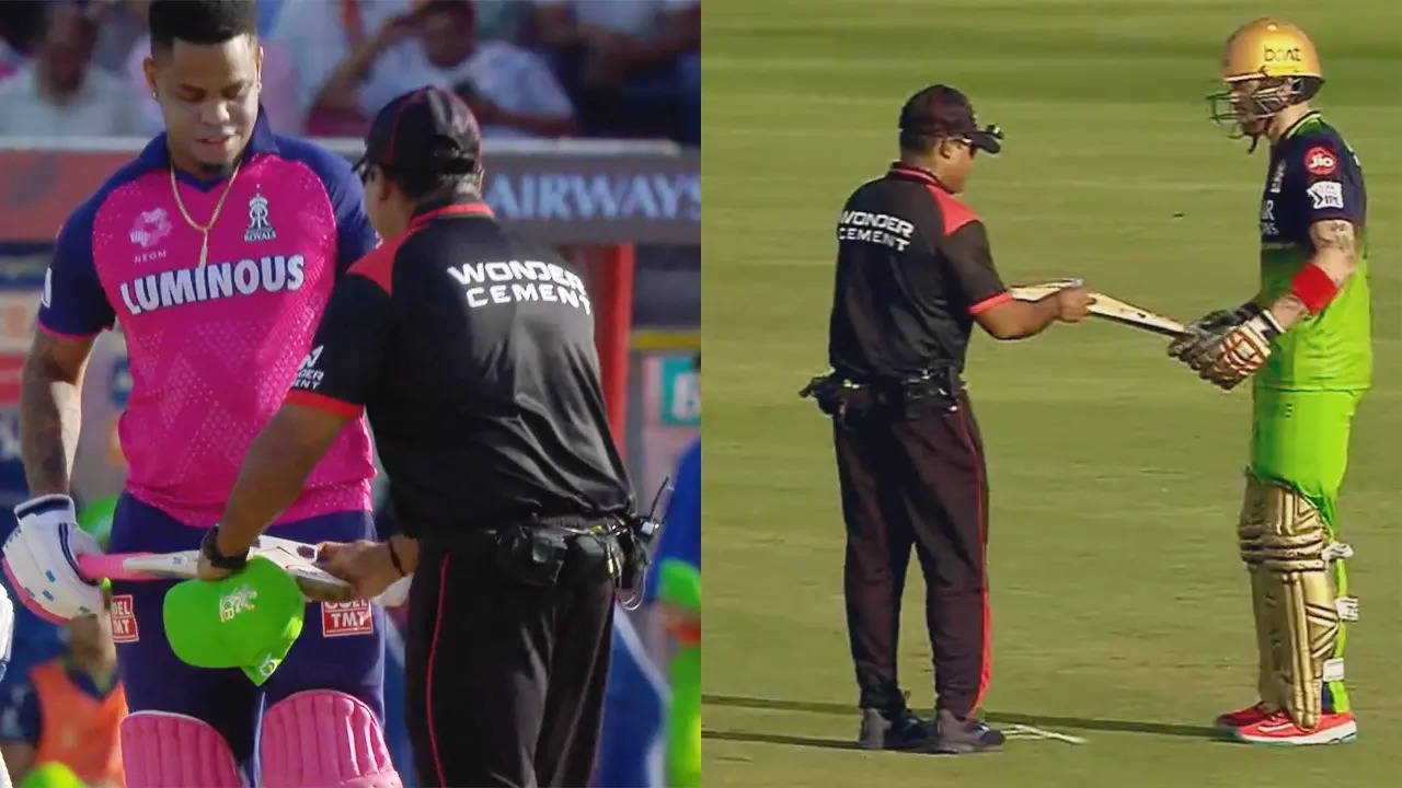 Umpires stop play to check bats during RR vs RCB match