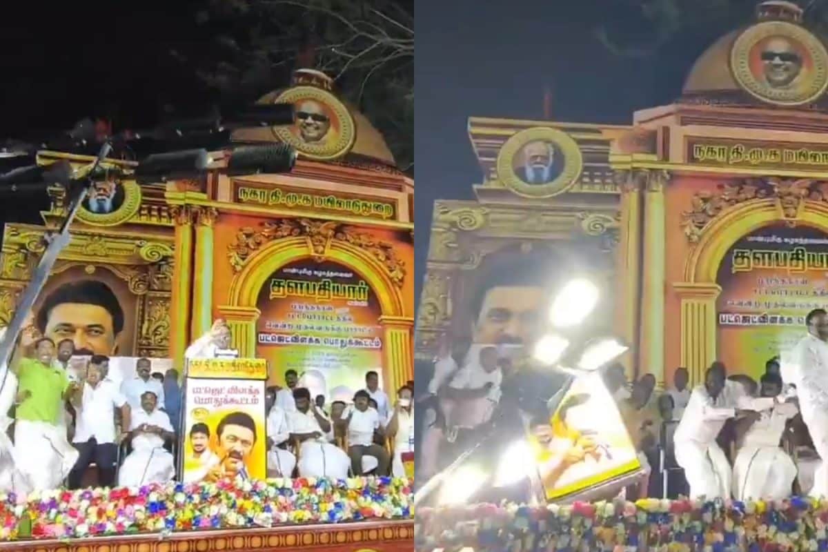 DMK MP A Raja Narrowly Escapes Injury As Overhead Lights Collapse On Stage During Public Meeting