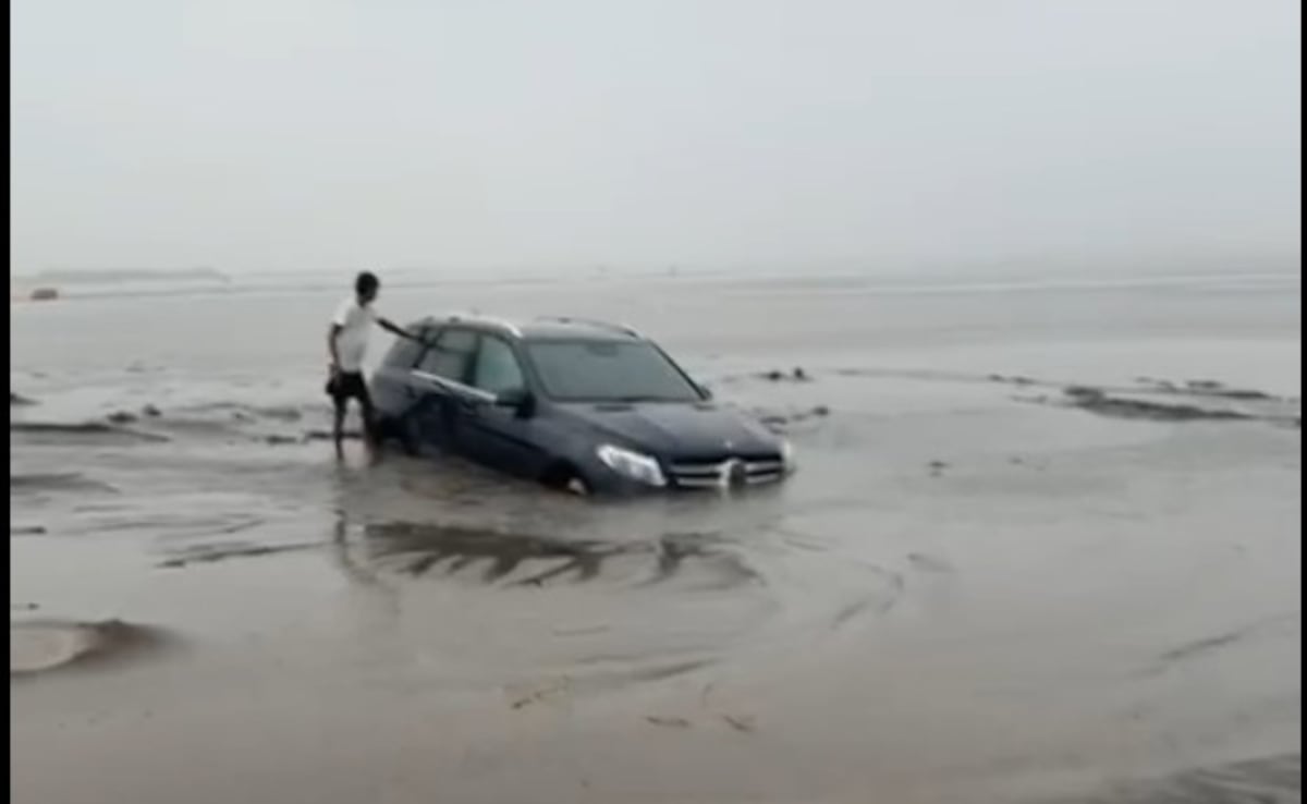 Video: Mercedes Stuck On Dumas Beach In Gujarat’s Surat After Stunt Goes Wrong