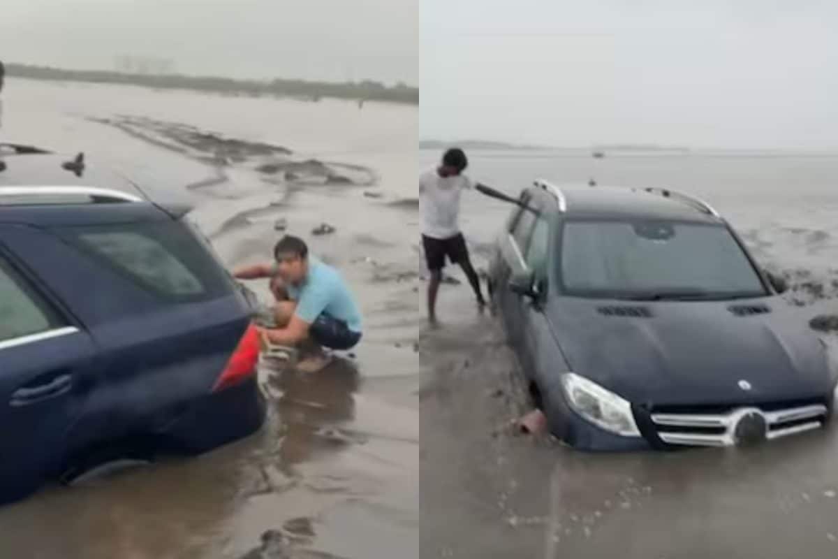 Mercedes Stunt Fails At Surat’s Dumas Beach, Car Gets Stuck In Sand | Watch
