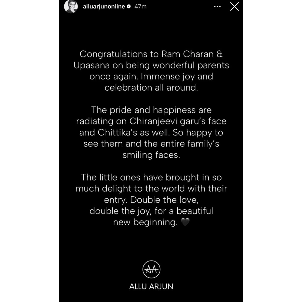 Allu Arjun congratulates cousin Ram Charan and Upasana on welcoming twins: “Pride radiates on Chiranjeevi garu’s face”