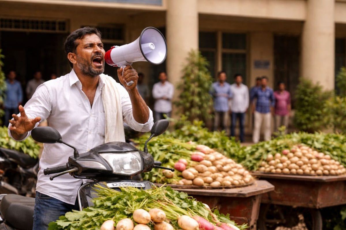 A Farmer, A Megaphone And His Radish Harvest Outside A Govt Office In Karnataka