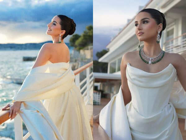 Tara Sutaria Channels Timeless Glamour in Ivory Satin Gown Adorned With Emerald Jewels